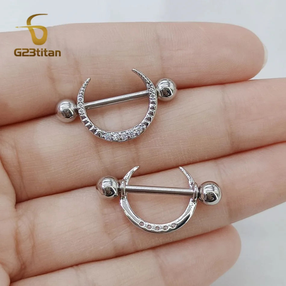 2pcs Micro Inlaid Zircon Moon Shaped Nipple Ring 14G 16mm Length Straight Titanium Steel Barbell Body Piercing Jewelry Adornment