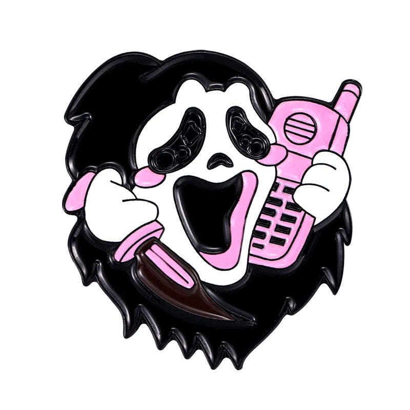 Call Me Enamel Pins What's Your Favorite Scary Movie Custom Brooches Lapel Badges Gothic Punk Skeleton Jewelry Gift for Friends