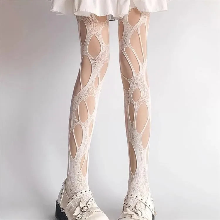 Sexy Punk Women Broken Hole Stocking Ropa Interor Para Mujeres Fishing Net Socks Gothic Y2k Lace Torn Party Underwear Pantyhose