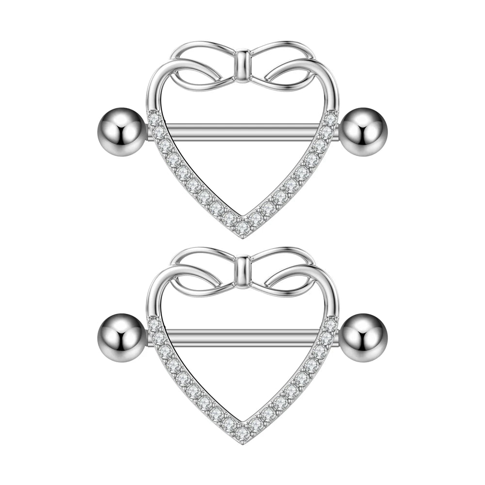 2pcs Cute Nipple Piercings Barbell Stainless Steel Crystal Nipple Shield Cover Heart Flower Nipple Rings Jewelry Body 1.6mm*16mm