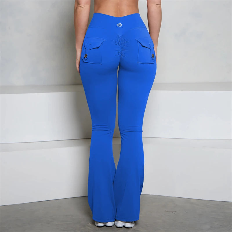 BUM Grey Pocket Flare Scrunch Butt Pants PB Women Tight-Fit Sexy Slim High Waist Pants Push Up Sport Fitness Flare Leggings