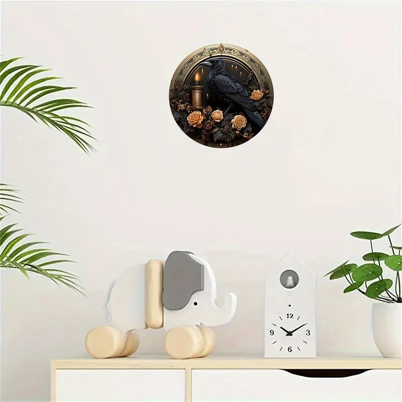 Round Metal Aluminum Mark Gothic Raven, Dark Romance Style, for Home, Living Room, Coffee Shop, Office, Wall Decoration Art