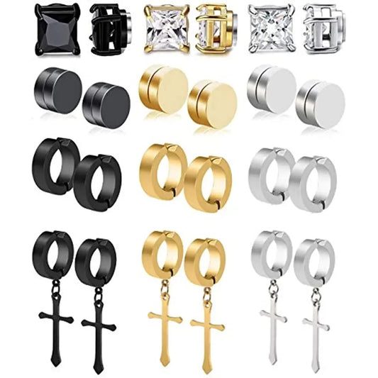 1/6 Pairs Stainless Steel Cross Pendant Clip Earring Non Piercing Fake Hoop Stud Earrings for Men Women Fashion Jewelry