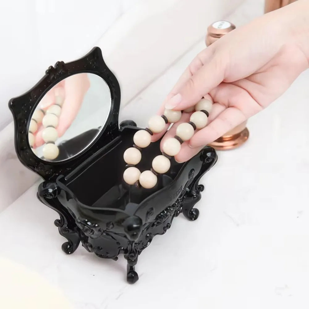 Multifunctional With Mirror Rose Flower Storage Box Carved Korean Style Jewelry Storage Box Retro Home