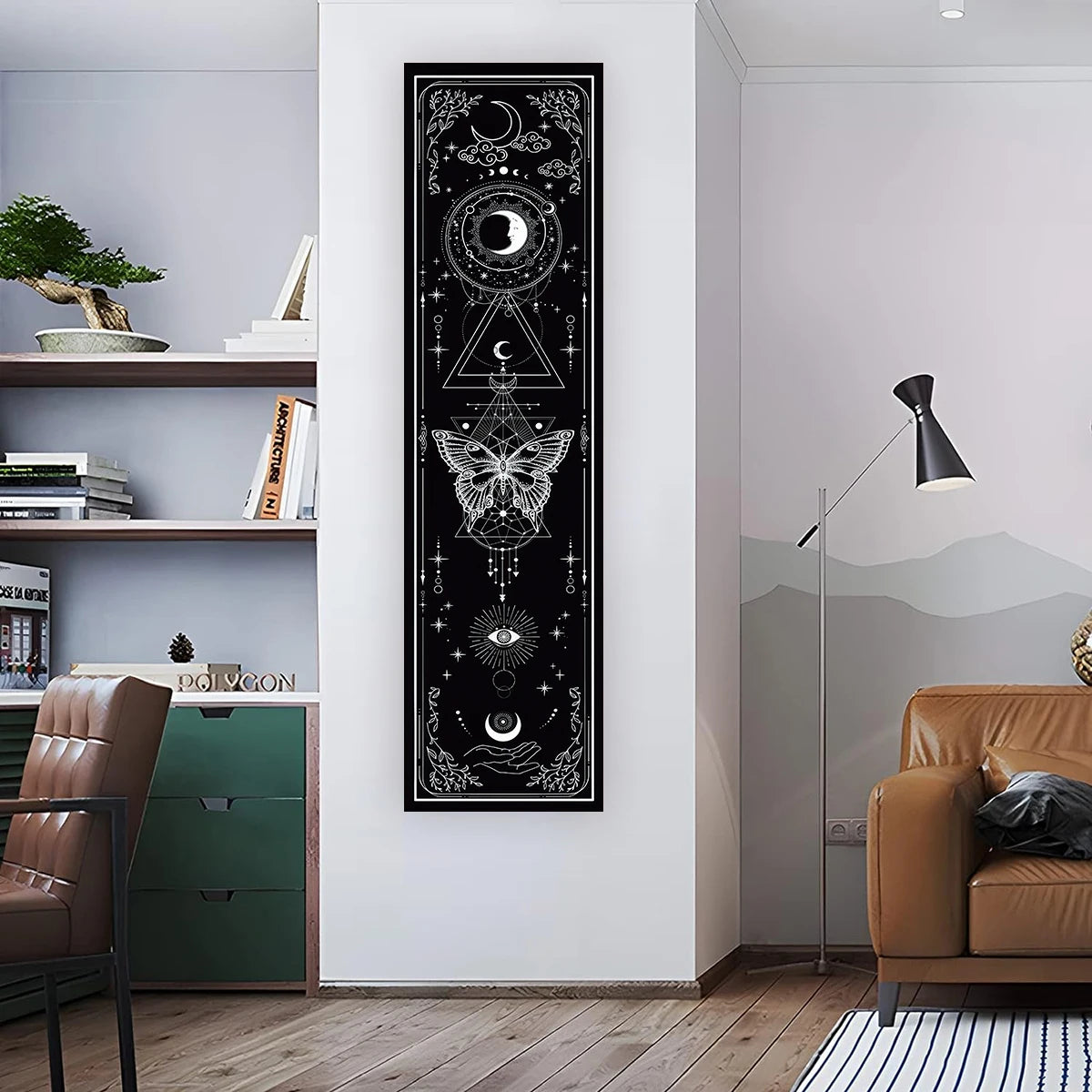 Gothic Witchy Sun & Moon Vertical Tapestry Black And White Butterfly Wall Hanging For Living Room, Bedroom Aesthetic Home Decor