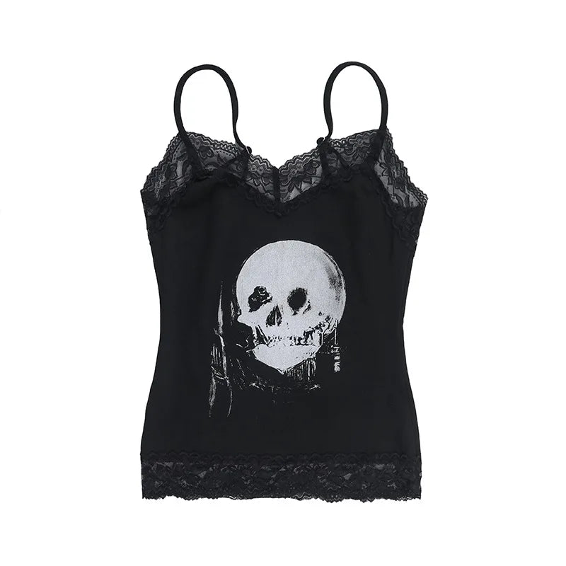 AltGoth Mall Gothic Skull Printed Camisole Women Vintage Streetwear Y2k E-girl Harajuku Cyber Punk Lace Patchwork Crop Tank Tops