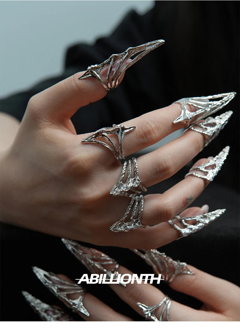 Punk Metal Nail Cover Bone Ring Gothic Rock Machinery Manicure Fingertip Ring Multilayer Finger Rings Cosplay Jewelry Set Gift