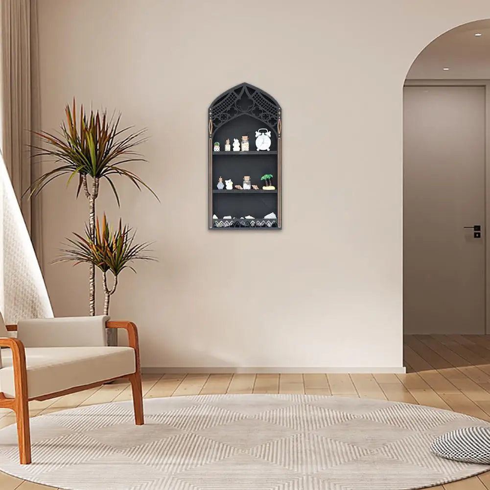 Wall Display Shelf Wood Church Window Design Stones Holder Black Wooden Shelf For Wall For Office Gothic Room Decoration