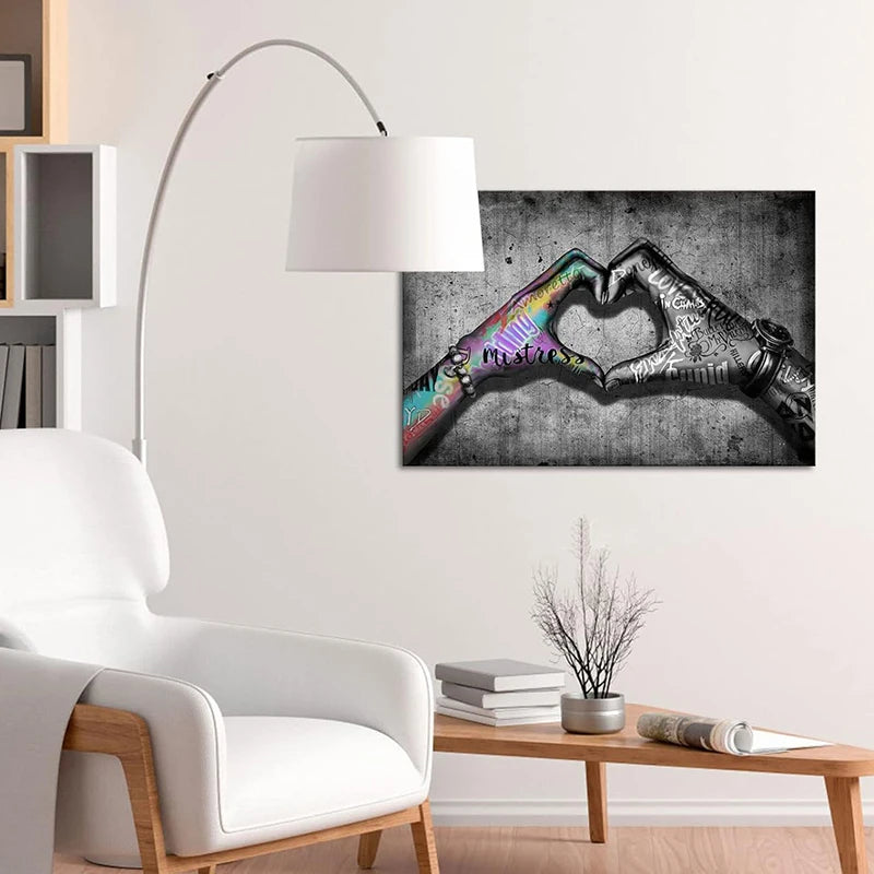 Retro Canvas Wall Art Graffiti Hand Love Heart Gesture Canvas Prints, Street Art Poster Modern Couple Living Wall Home Decor