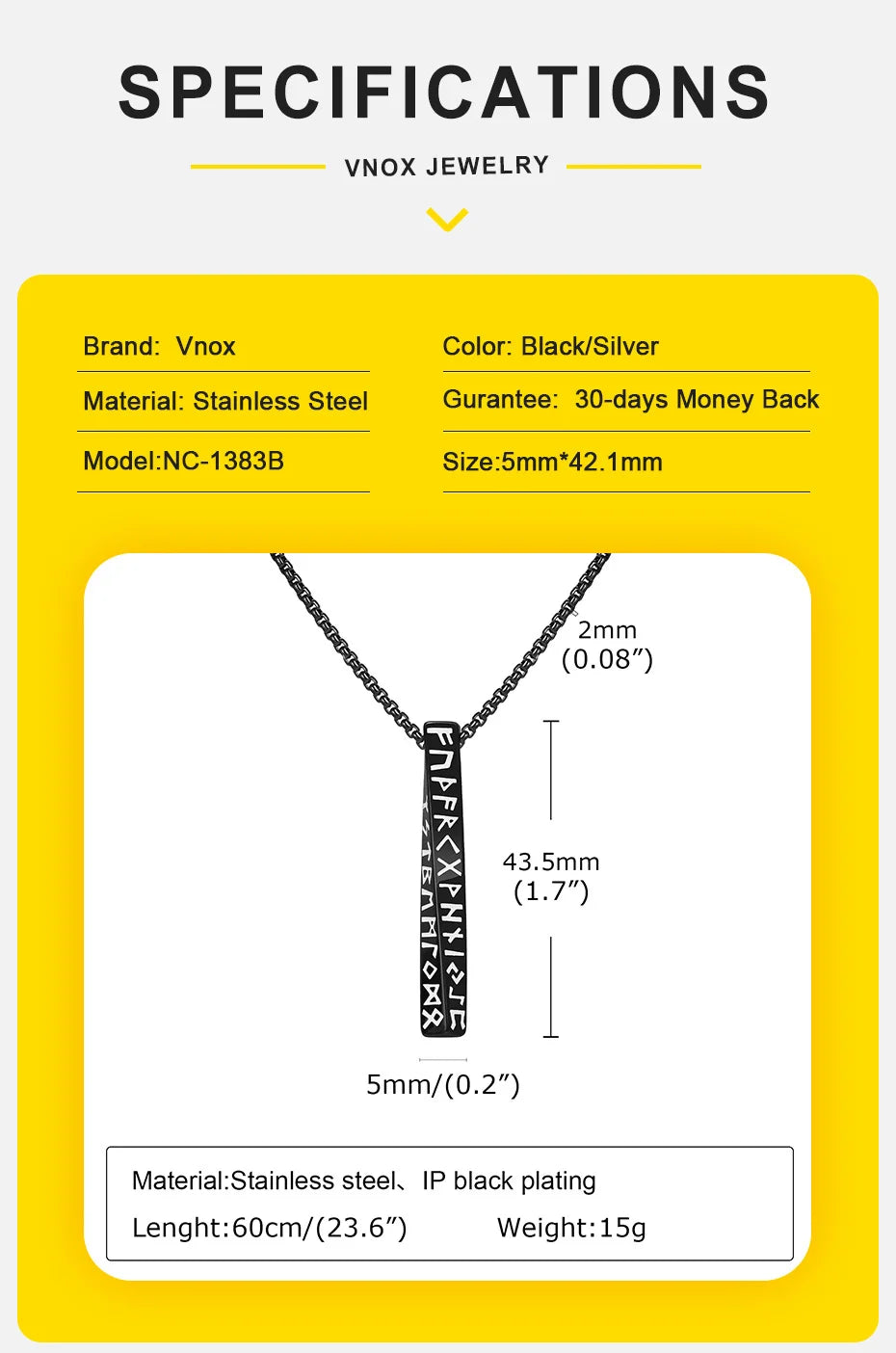 Vnox Viking Rune Necklaces for Men, Vertical 3D Mobius Bar Pendant, Protection Almut Jewelry Collar