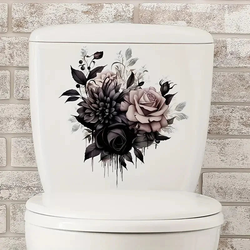 Black Gothic Rose Toilet Stickers, Bright Bathroom for Home Decoration, Vinyl Flower Decals, Art Wall Paper, Poster
