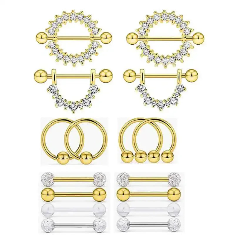 Fashion Stainless Steel Heart Nipple Piercing Set Jewelry Flower Nipple Barbell Pack Crystal Nipple Ring Lot Sexy Body Piercing