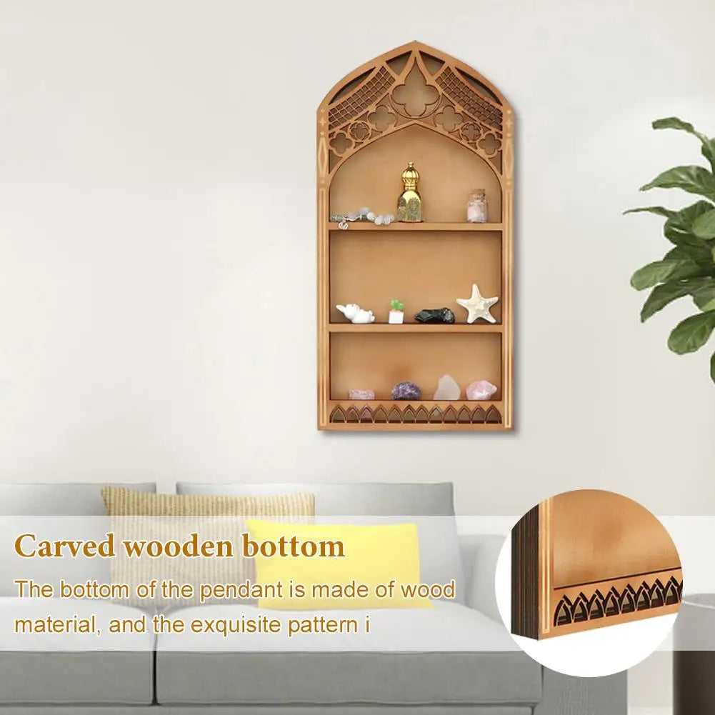 Wall Display Shelf Wood Church Window Design Stones Holder Black Wooden Shelf For Wall For Office Gothic Room Decoration