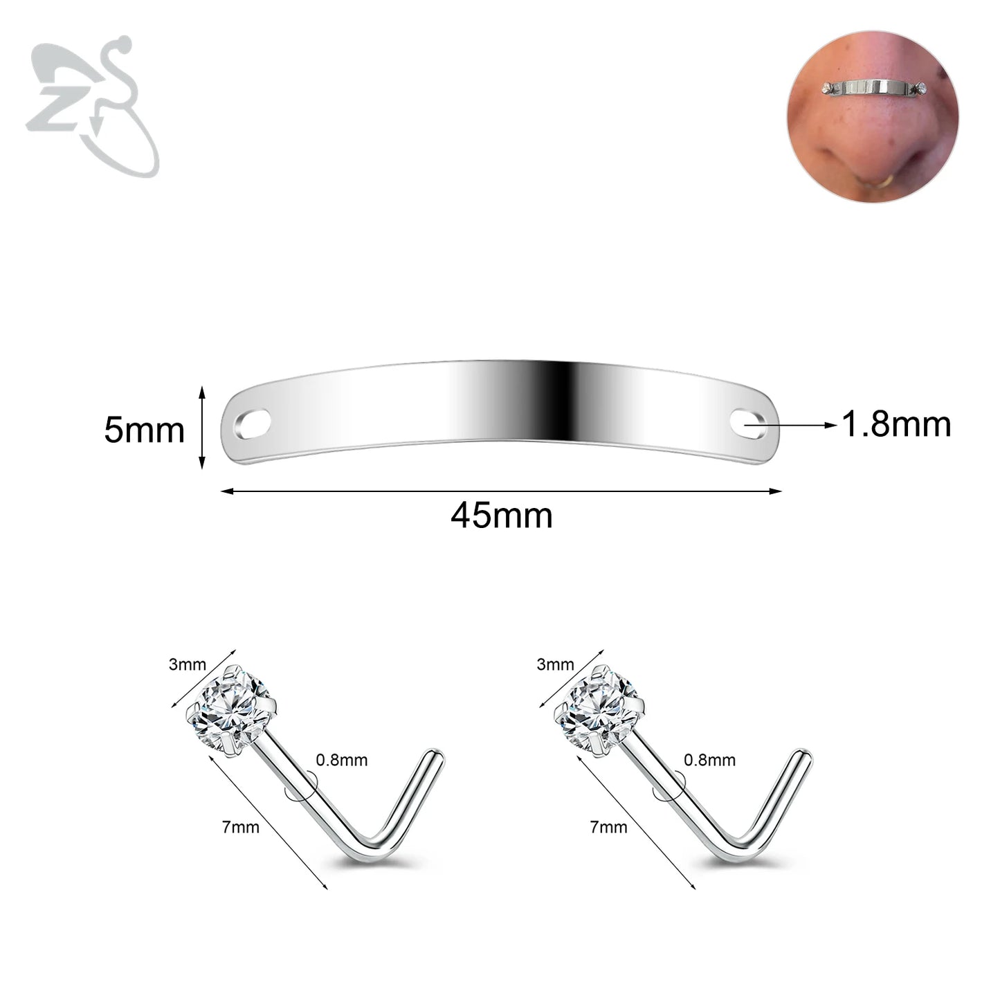ZS 1 Set 24/30/35/40/45/50MM Stainelss Steel Nose Piercing For Men Women Punk Adjustable Nostril Bridge Piercings Body Jewelry