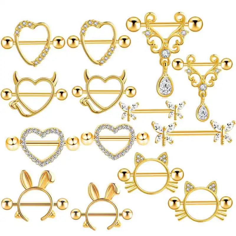 Fashion Stainless Steel Heart Nipple Piercing Set Jewelry Flower Nipple Barbell Pack Crystal Nipple Ring Lot Sexy Body Piercing