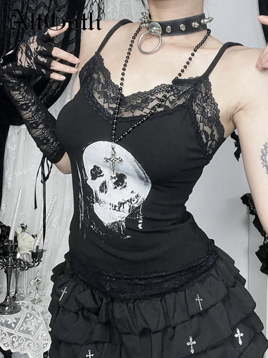 AltGoth Mall Gothic Skull Printed Camisole Women Vintage Streetwear Y2k E-girl Harajuku Cyber Punk Lace Patchwork Crop Tank Tops