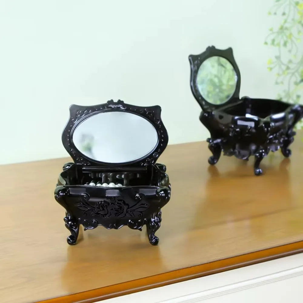 Multifunctional With Mirror Rose Flower Storage Box Carved Korean Style Jewelry Storage Box Retro Home