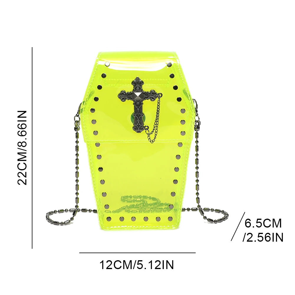 Gothic Crossbody Bag for Women Coffin Shaped Bag PVC Clear Jelly Y2K Punk Chain Shoulder Bag Female Stadium Approved Phone Bag