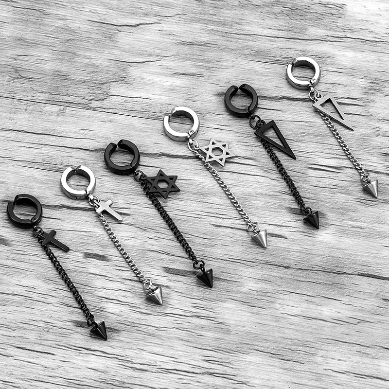 Trend Stianless Steel Tassel Ear Clip 1 Piece Chain Huggie Earrings Triangle Cross Pattern Earrings Men‘s Woman Punk Ear jewelry
