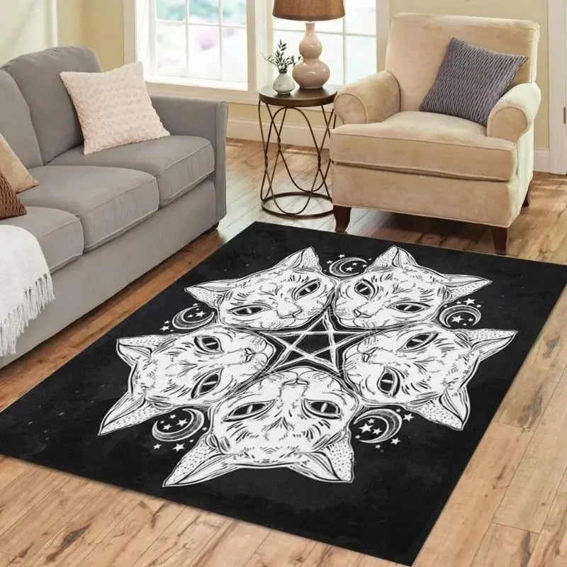 Modern Cat Skull Head Witch Board Carpet for Living Room Home Decoration Black Gothic Large Area Rugs Bedroom Non-Slip Floor Mat