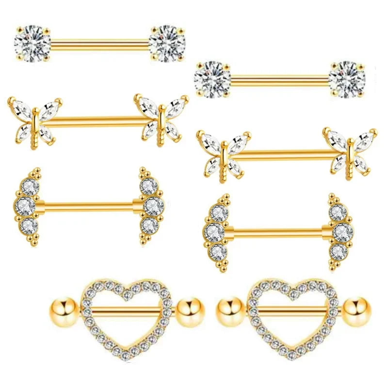 Fashion Stainless Steel Heart Nipple Piercing Set Jewelry Flower Nipple Barbell Pack Crystal Nipple Ring Lot Sexy Body Piercing