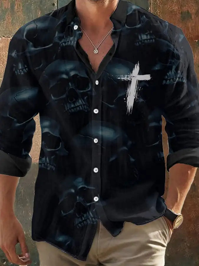 Halloween Men's Retro Dark Skull Prints Long Sleeve Shirt-Faith Chest Print,Regular Fit,Lapel Collar, Polyester Blend Black Tops