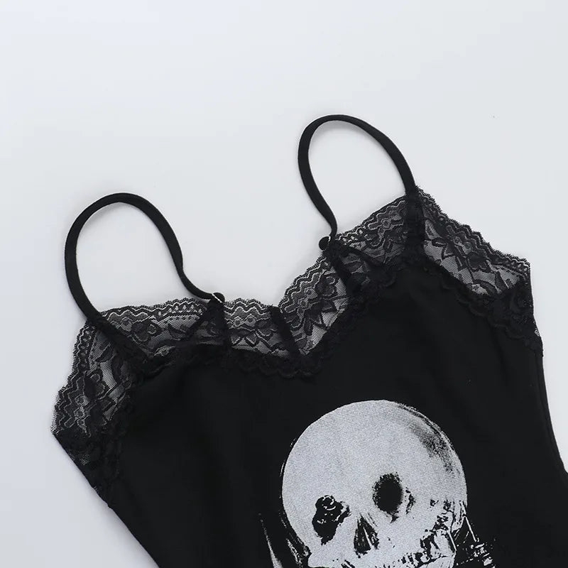 AltGoth Mall Gothic Skull Printed Camisole Women Vintage Streetwear Y2k E-girl Harajuku Cyber Punk Lace Patchwork Crop Tank Tops