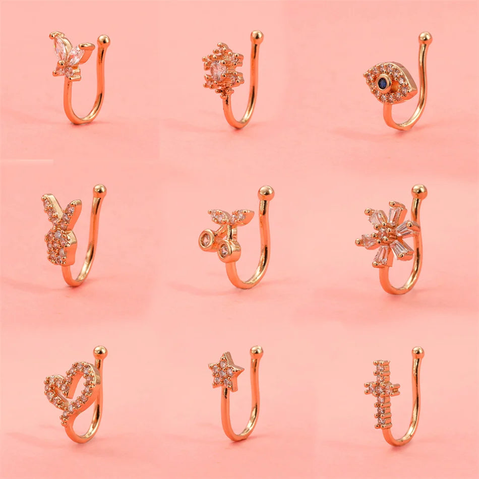 Fake Nose Ring Crystal Ear Cuff False Piercing Body Jewelry for Women Teens Golden Silver Color CZ Zircon Cooper Clip Ornaments