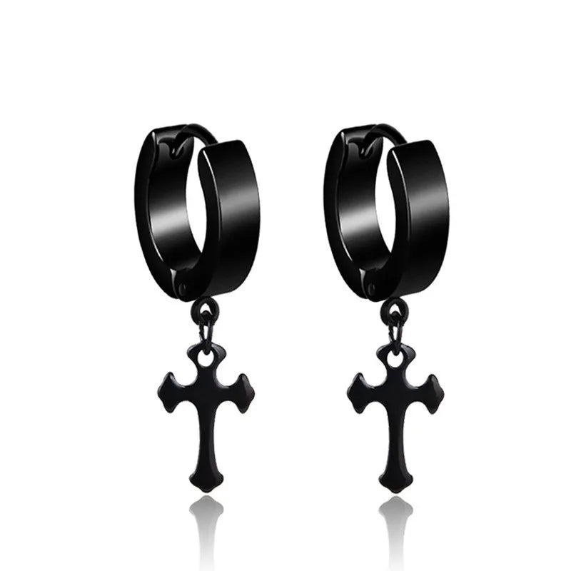 2pc Stainless Steel Cross Hoop Earrings for Men and Women Punk Black Cartilage Earrings Round Street Hip Hop Rock Jewelry Gifts