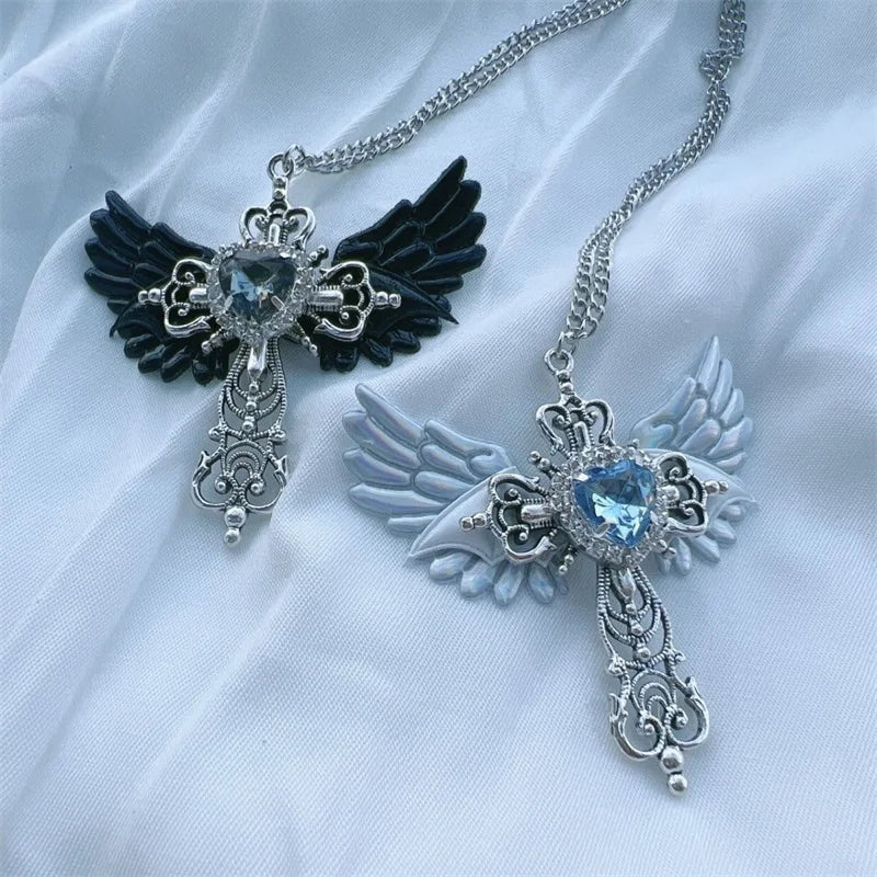 Gothic Sexy Accessory Wings Cross Pendant Necklace Y2K Jewelry Heart Crystal Choker Punk Charm Necklace for Women Korean Fashion