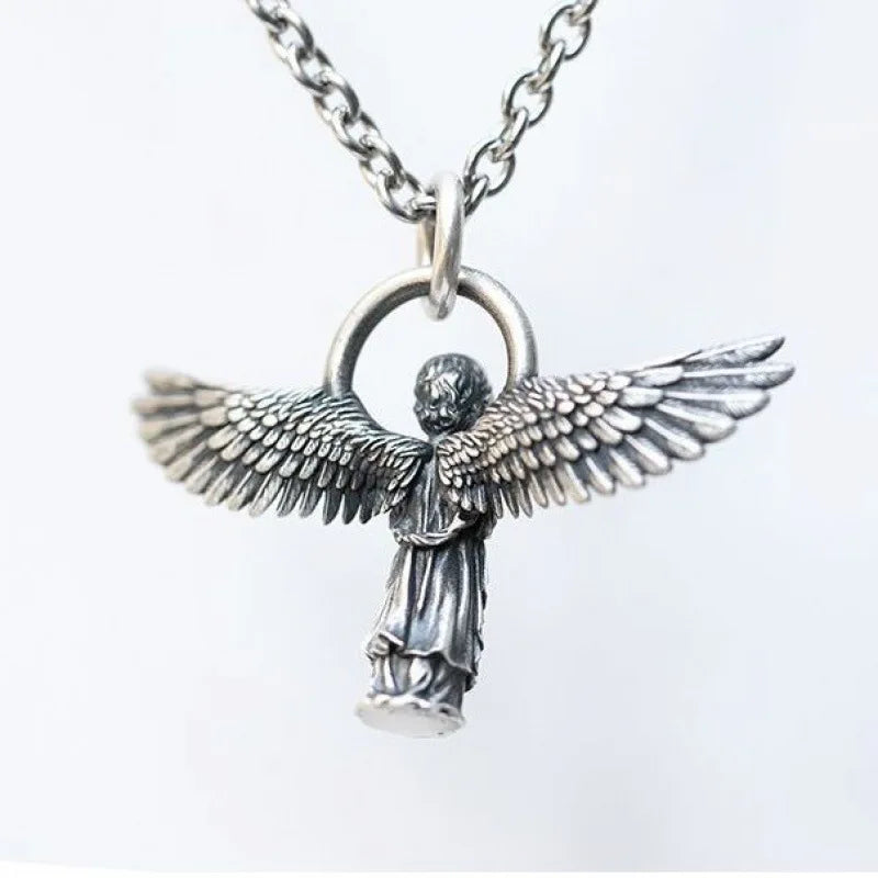 Fashion silver color guardian angel pendant necklace men and women personality angel wings prayer pendant necklace couple gift
