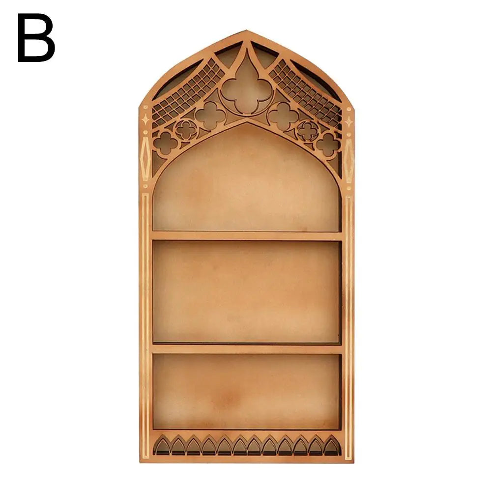 Wall Display Shelf Wood Church Window Design Stones Holder Black Wooden Shelf For Wall For Office Gothic Room Decoration