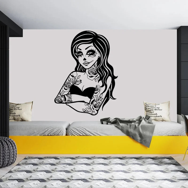 Horror Gothic Tattoo Dead Girl Wall Sticker Vinyl Art Home Decor for Boys Teens Room Decals Halloween Decoration Wallpaper G074