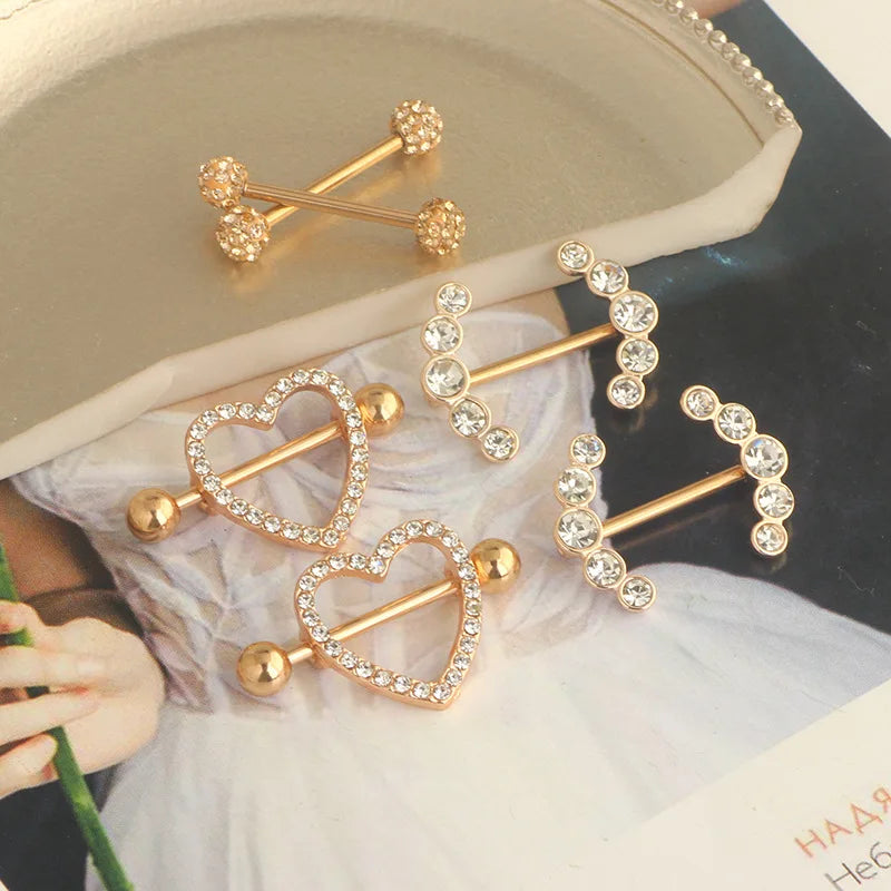 Fashion Stainless Steel Heart Nipple Piercing Set Jewelry Flower Nipple Barbell Pack Crystal Nipple Ring Lot Sexy Body Piercing