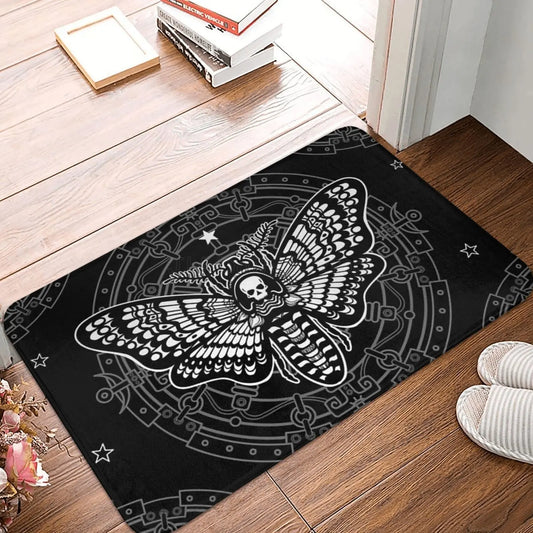 Gothic Witchy Butterfly Moth Floor Mat Mystical Moth Skull Dead Head Welcome Doormat  Anti-Slip Bathroom Mat Entrance Rug Carpet