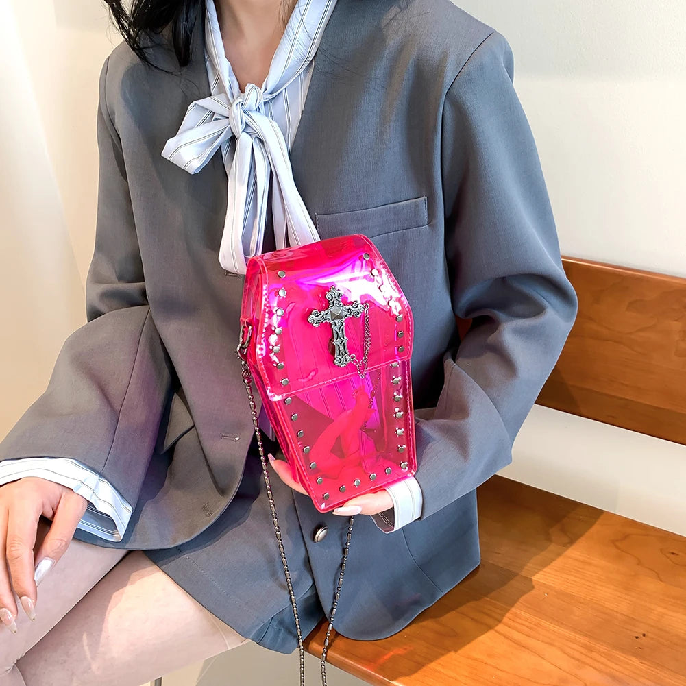 Gothic Crossbody Bag for Women Coffin Shaped Bag PVC Clear Jelly Y2K Punk Chain Shoulder Bag Female Stadium Approved Phone Bag