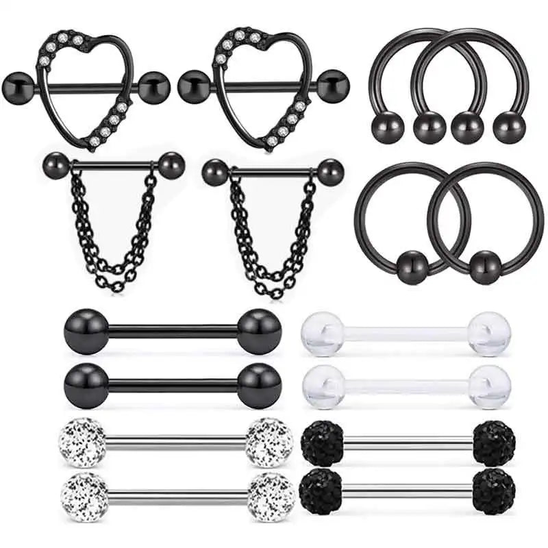 Fashion Stainless Steel Heart Nipple Piercing Set Jewelry Flower Nipple Barbell Pack Crystal Nipple Ring Lot Sexy Body Piercing