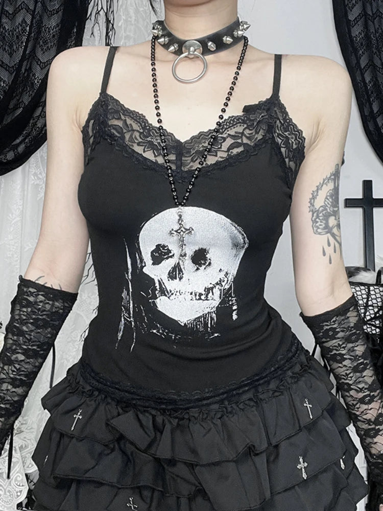 AltGoth Mall Gothic Skull Printed Camisole Women Vintage Streetwear Y2k E-girl Harajuku Cyber Punk Lace Patchwork Crop Tank Tops
