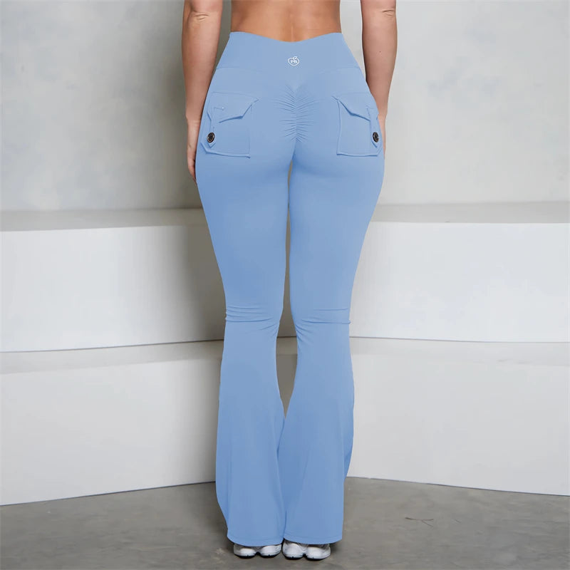 BUM Grey Pocket Flare Scrunch Butt Pants PB Women Tight-Fit Sexy Slim High Waist Pants Push Up Sport Fitness Flare Leggings