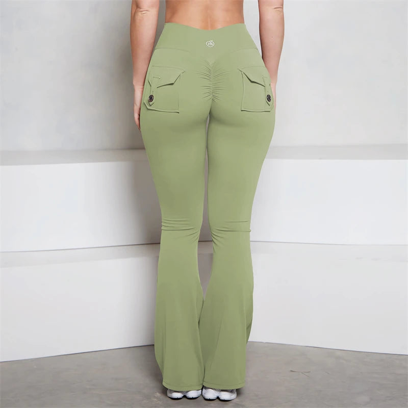BUM Grey Pocket Flare Scrunch Butt Pants PB Women Tight-Fit Sexy Slim High Waist Pants Push Up Sport Fitness Flare Leggings