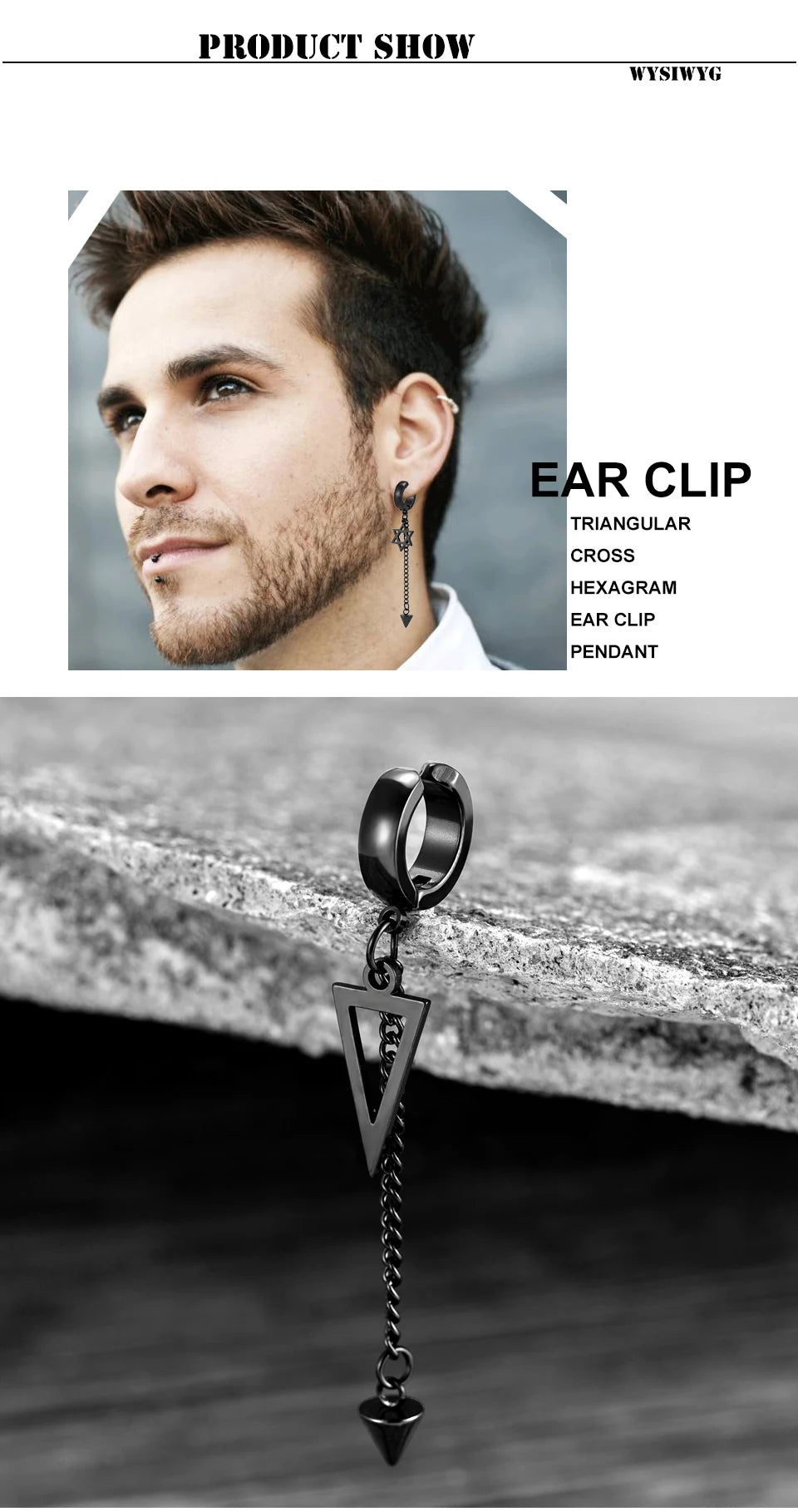 Trend Stianless Steel Tassel Ear Clip 1 Piece Chain Huggie Earrings Triangle Cross Pattern Earrings Men‘s Woman Punk Ear jewelry