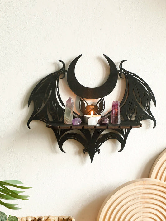 Black Wooden Wall Shelf Gothic Bat Moon Profiling Hollow Pattern Floating Shelf Crystal Holder Goth Home Decor Witch Room Decor