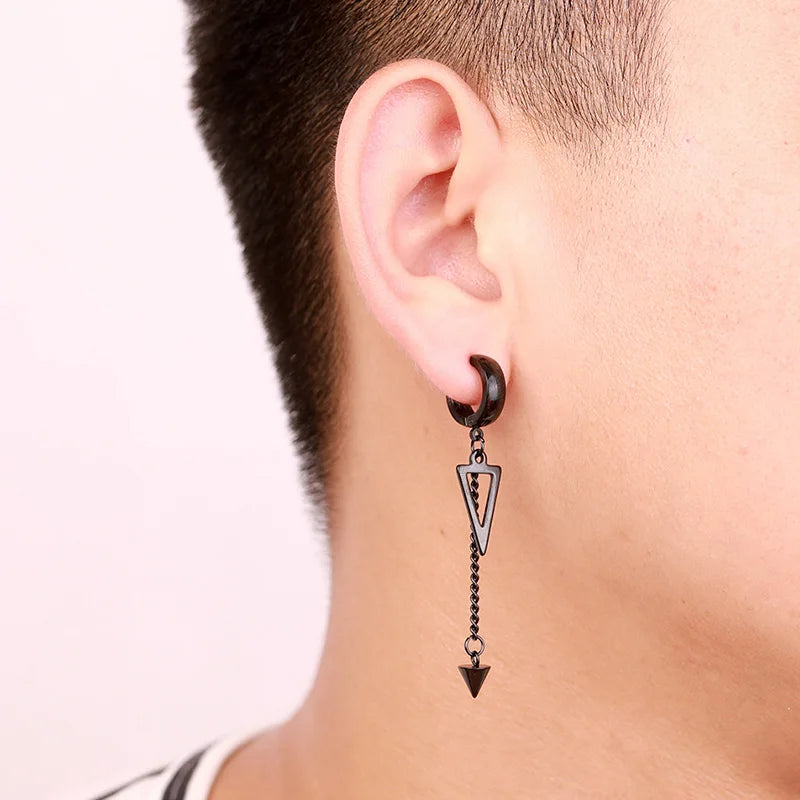 1pc Stylish Punk Unique Design Stainless Steel Geometric Triangle Chain Cone Ear Clips Non-Piercing Earrings for Men Women
