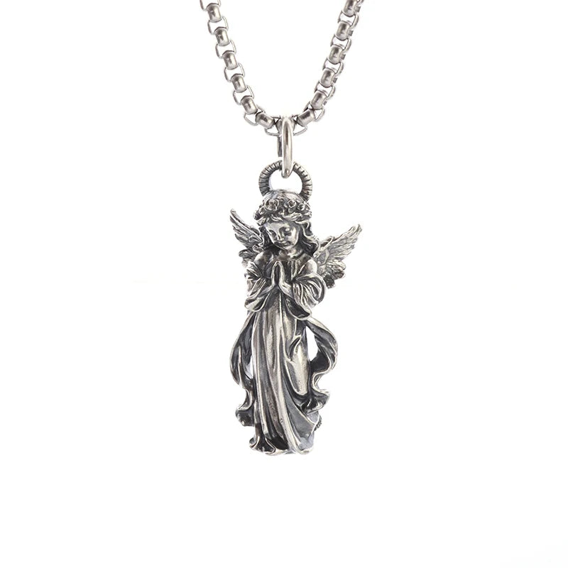 Fashion silver color guardian angel pendant necklace men and women personality angel wings prayer pendant necklace couple gift