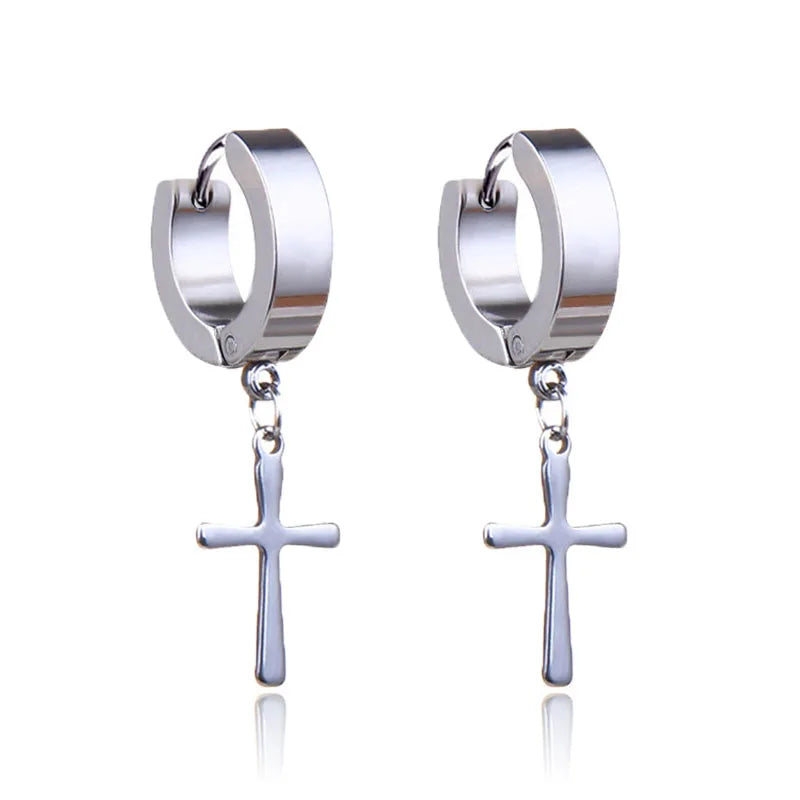 2pc Stainless Steel Cross Hoop Earrings for Men and Women Punk Black Cartilage Earrings Round Street Hip Hop Rock Jewelry Gifts