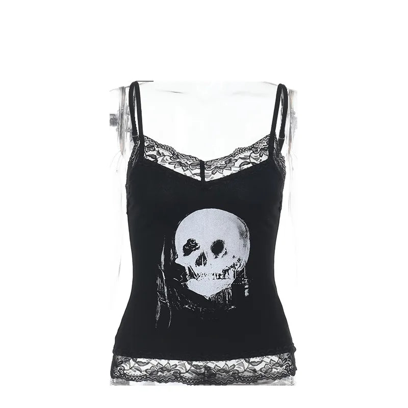 AltGoth Mall Gothic Skull Printed Camisole Women Vintage Streetwear Y2k E-girl Harajuku Cyber Punk Lace Patchwork Crop Tank Tops
