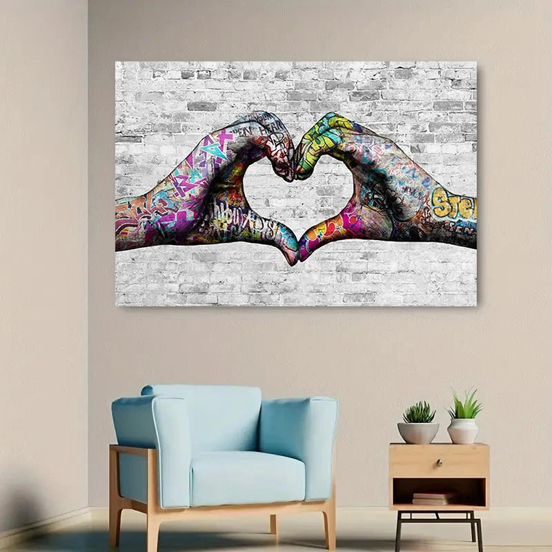 Retro Canvas Wall Art Graffiti Hand Love Heart Gesture Canvas Prints, Street Art Poster Modern Couple Living Wall Home Decor