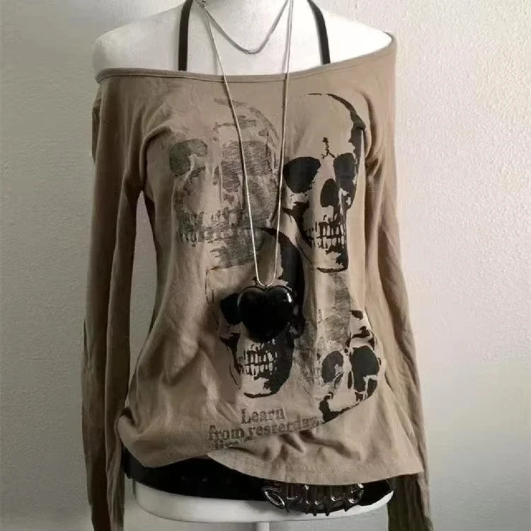 Harajuku T Shirts Women Skull Print Slash Neck Y2k Tops Fashion Gothic 2000s Vintage Tees Streetwear Punk Letter Black Tshirts