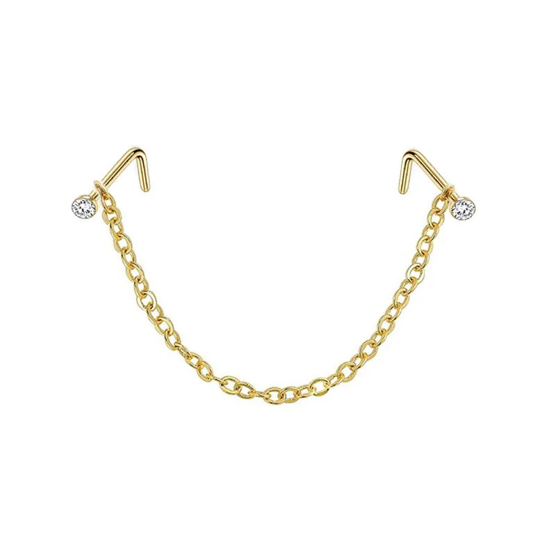 1pc Nose Ring With Chain Double Piercing Nose Stud Zircon L Shaped Stainless Steel Nostril Body Jewelry