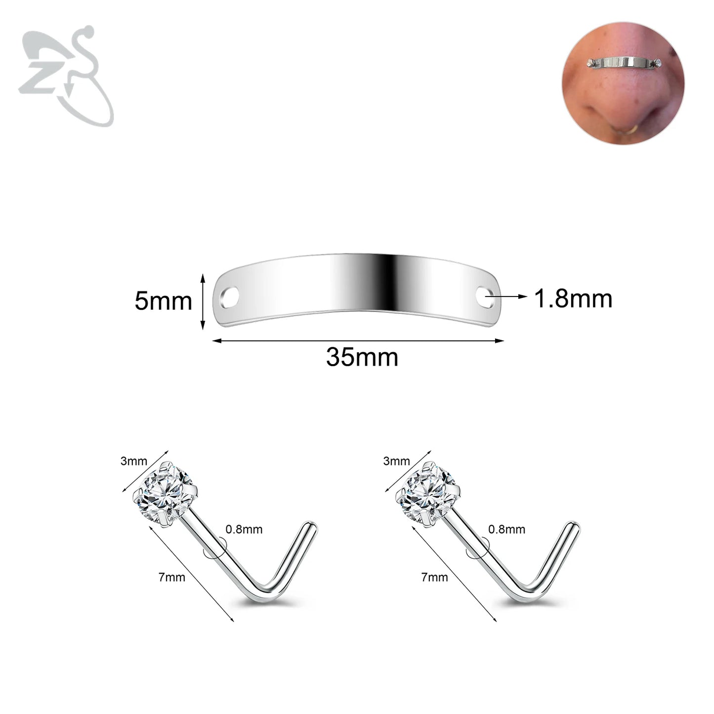 ZS 1 Set 24/30/35/40/45/50MM Stainelss Steel Nose Piercing For Men Women Punk Adjustable Nostril Bridge Piercings Body Jewelry